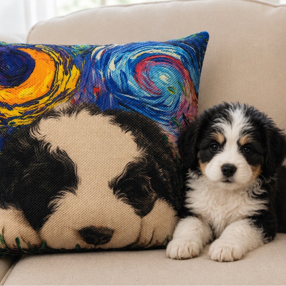 Black & White Puppy Decorative Throw Pillow with Starry Swirl Design